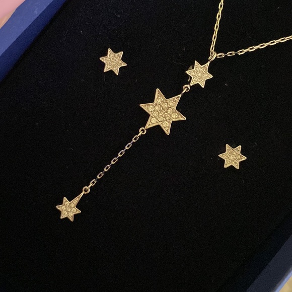 Swarovski Crystal & Silver Y-shaped Dangling Star Necklace Matching Earrings NWT - Picture 3 of 8